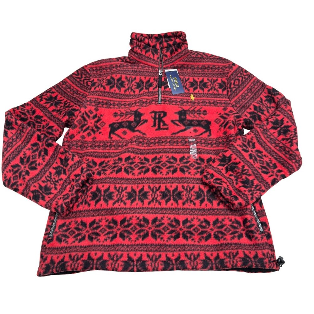 NWT $198 Polo Ralph Lauren Men's Red Fair Isle Fleece Sweatshirt 1/4 Zip, Size M - Picture 1 of 9